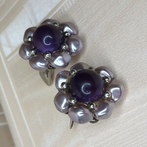 Vintage 60s Purple & Lavender Cluster Beaded Earrings Pastel Dressy Clip-on